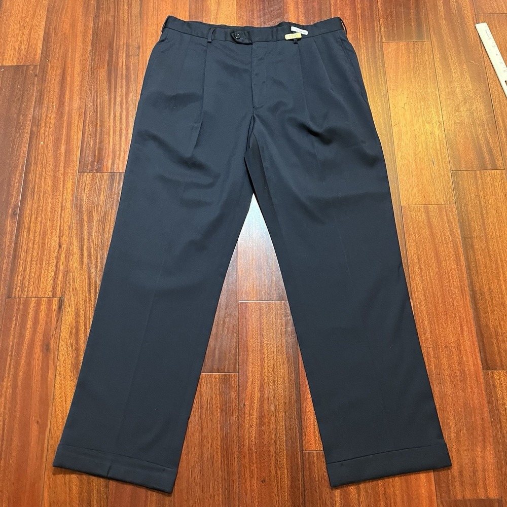 Jos A Bank Dress Pants Mens 34R 37x31 Navy Blue 100% Wool Pleated Cuffed Preppy